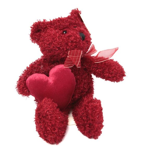 Valentines Heart Plush Bear Stuffed Animal Toy Metallic Silver Red Soft Teddy - Picture 3 of 7